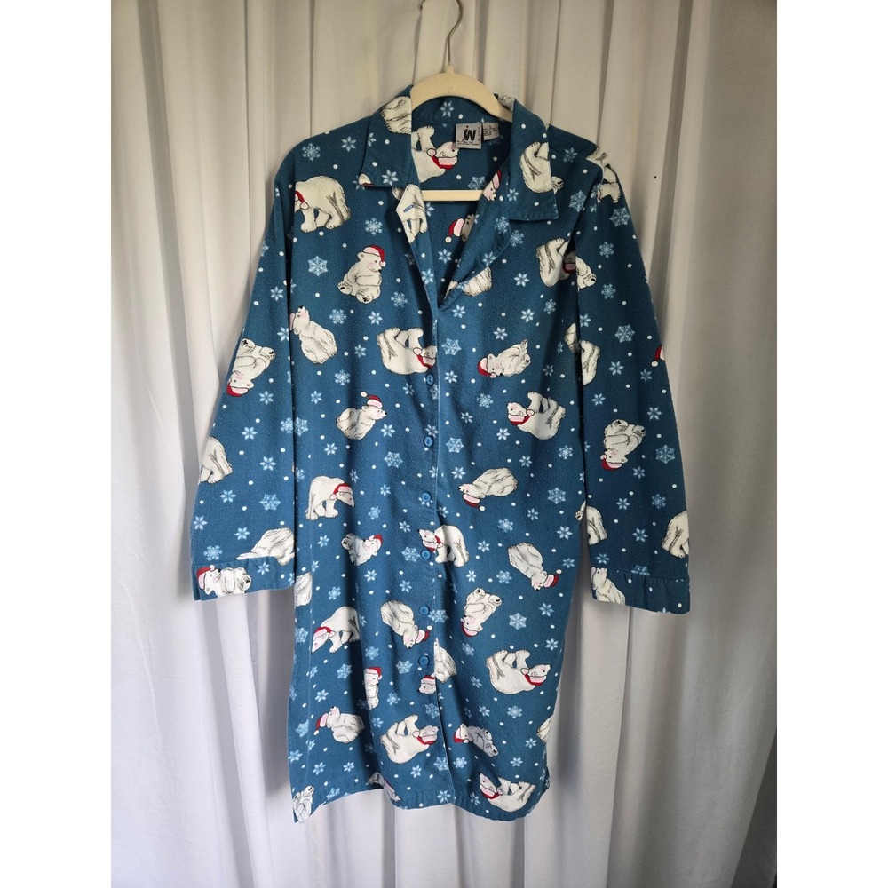 Vintage JW SLEEP Polar Bear Holiday 100% Cotton Nightshirt 90s Blue Flannel L